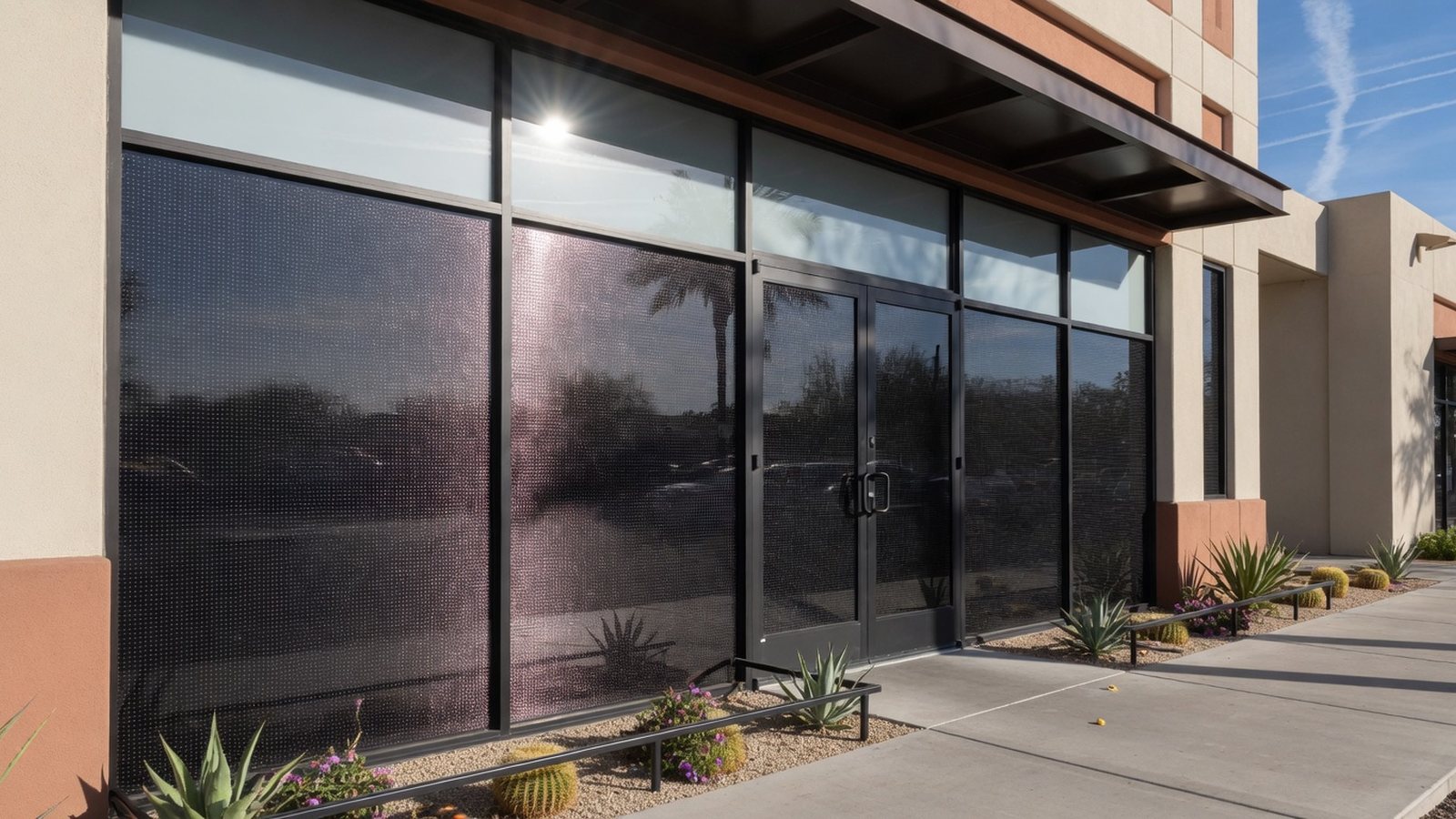 Commercial Scottsdale windows with dark solar screens.