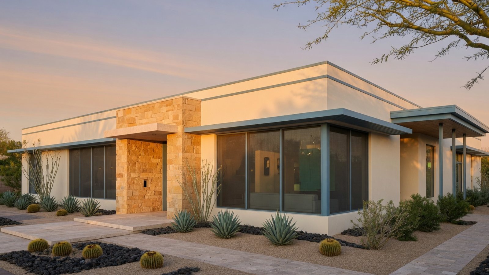 Scottsdale home with custom solar screens on sun-facing windows.