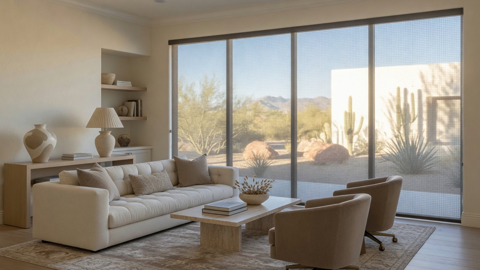 Cool interior room with solar screen filtering Arizona sun.