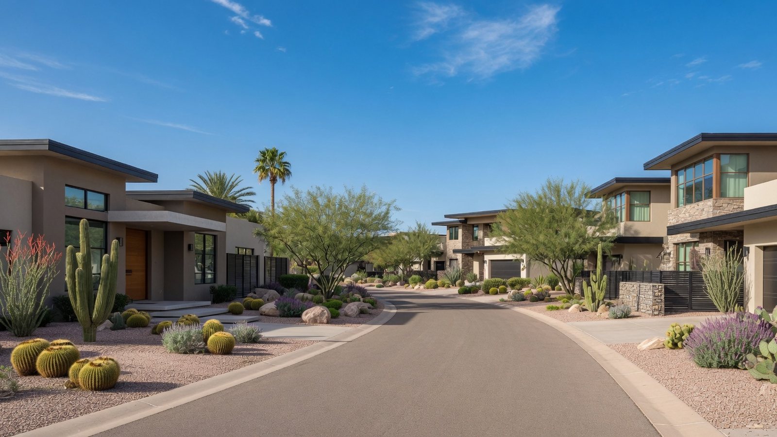 Scottsdale neighborhood with desert landscaping and sunlit homes.