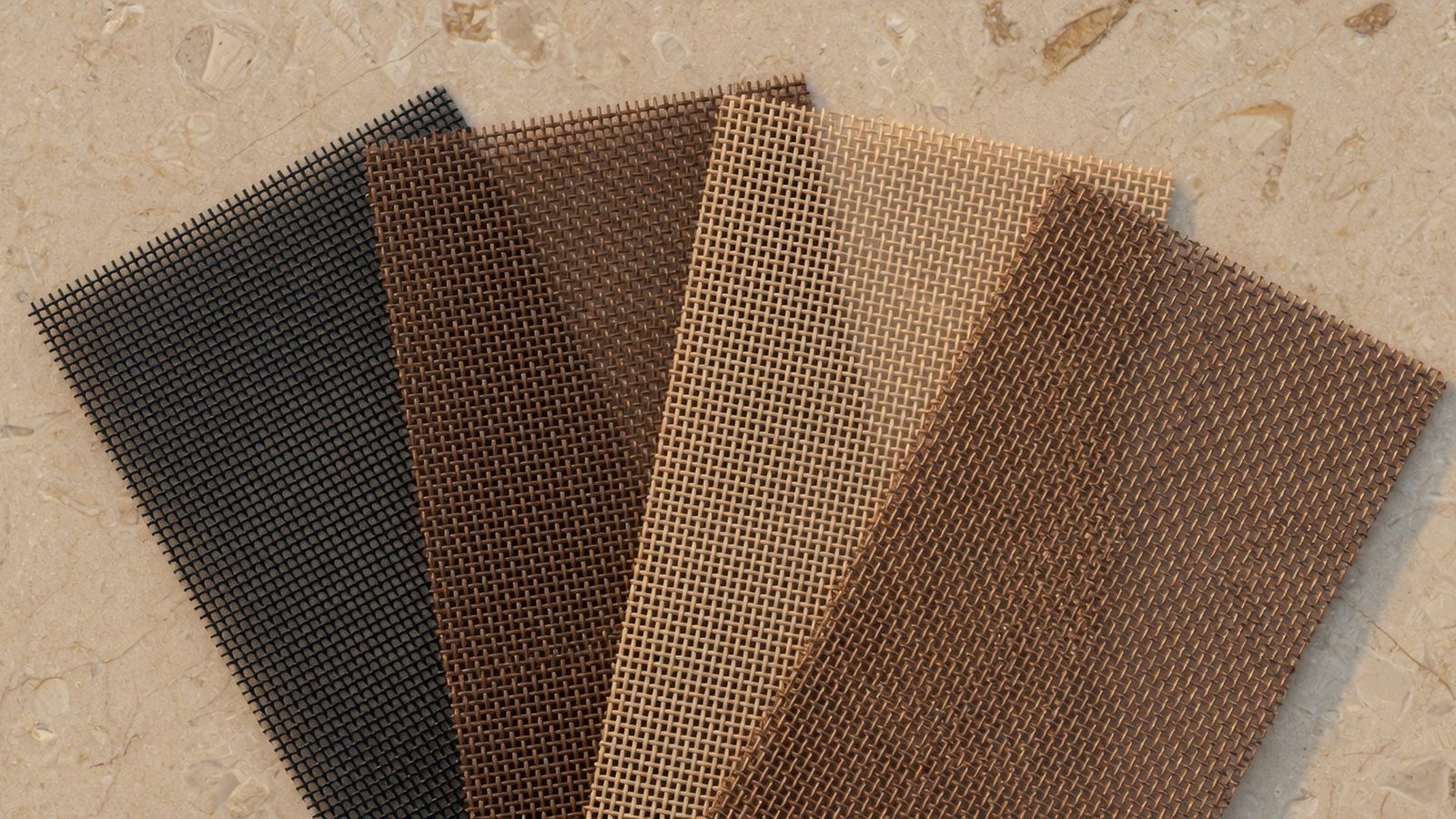 Solar screen mesh samples in neutral SunTex-style colors.
